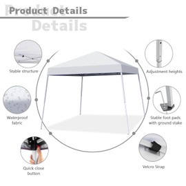 Oneofics Canopy Tent, 10X10 FT Pop Up Canopy Outdoor Instant Tent Slant Legs with Carrying Bag, Portable Gazebo Shelter for Patio Deck Garden and Beach - 8X8 FT Canopy Cover (White)