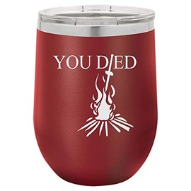"You Died" Video Game Souls of the Dark Bonfire Design Engraved Insulated Stainless Steel Wine Tumbler, 12 Oz, Maroon