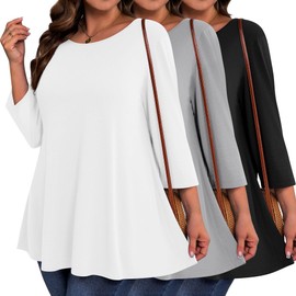 Evervibe 3 Pack Plus Size 3/4 Sleeve Tunics Tops for Curvy Women, Loose Fit Casual Comfy Swing Flare T-shirts for Leggings(Black, White, Light Gray,4X-Large)