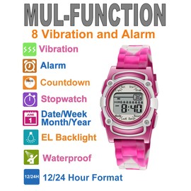 T TICCI Kids Digital 8 Alarm Vibrating Watch Medication Reminder Potty Urinary Training Vibration Pill Alert Vibra Medical Reminder for Children (Pink Camouflage)