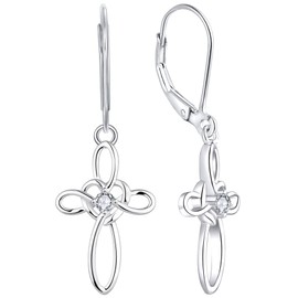 YL Celtic Knot Cross Earrings 925 Sterling Silver Cubic Zirconia Dangle Drop Religious Leverback Jewelry Christian Baptism Gift