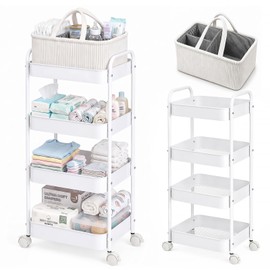 Baby Diaper Caddy 4 Tier Rolling Storage Cart with Wheels for Baby Bedside