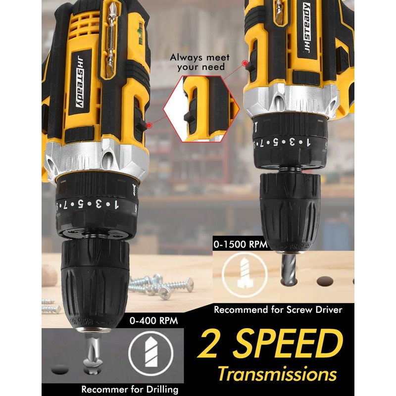 21V Cordless Drill Driver Kit, 25+1 Clutch, 2 Batteries &