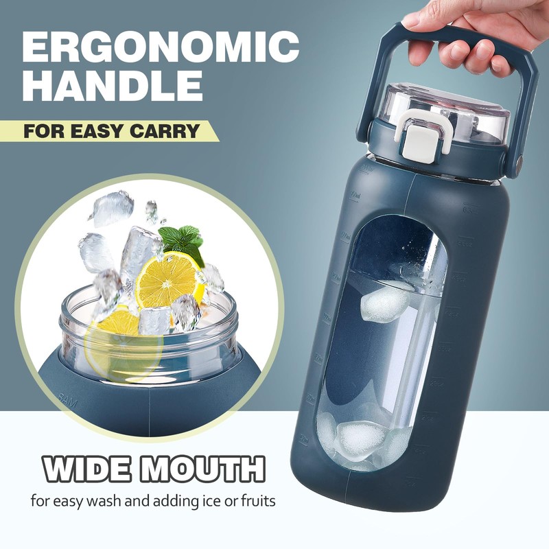 BLUEGO 64oz Glass Water Bottle with Handle and Straw, Motivational