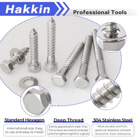 Hakkin 3/8" Hex Lag Screws, 60PCS Assorted Wood Screw & Bolt Assortment Sets 1-1/2" 2" 2-1/2" 3" 3-1/2" 4", Hexagon Head Lag Bolts for Wood, Decks Building,Industrial