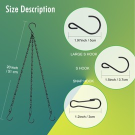 RIFNY Black Hanging Basket Chain, 20Inch Decorative Plant Hanging Chains with Hooks, Adjustable Replacement Plant Hanger Chain 3 Point to Hang Planters Flower Pots Bird Feeders Lantern Lamp, 3Packs