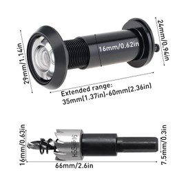 XIAQICA Door Viewer Pure Copper Door Viewers with Privacy Screen 200° Wide Angle Optical Glass Lenses - Drill Hole Diameter 16 mm Spy with Drill Adjustable Length Spio for 35-60 mm Thick Doors (Black)