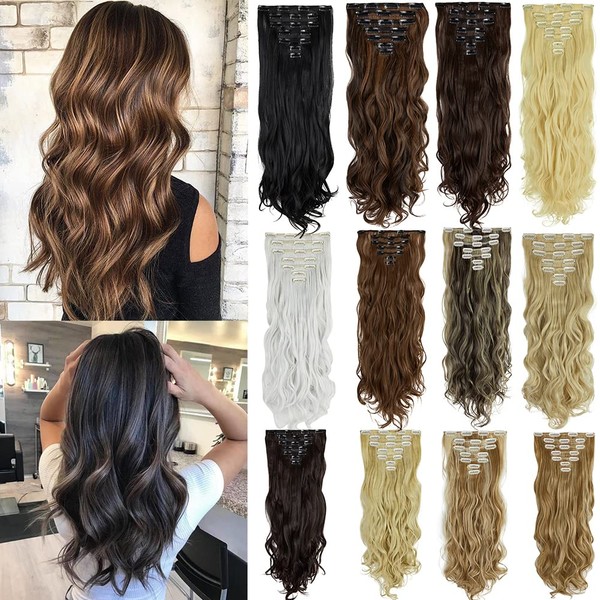 DODOING Clip in Hair Extensions, 7 Pieces 16 Clips Curly Thick Full Head Clip on Synthetic Hair Extensions Double Weft Wavy Hairpieces for Women