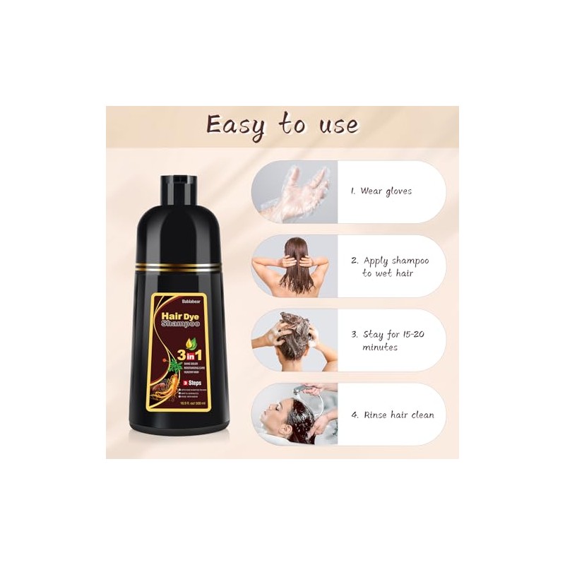 Dark Brown Hair Dye Shampoo 3 in 1, Gentle Formula
