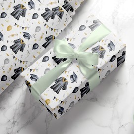 GIOLNIAY 2025 Graduation Wrapping Paper - Black & Gold Cap and Gown Design for College & High School Grad Gifts Wrap - 28 x 40 Inches, 4 Folded Sheets, Easy to Store