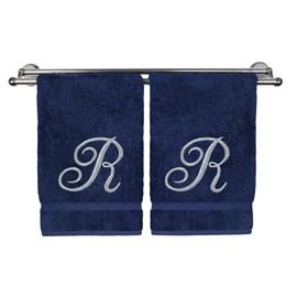 BC BARE Cotton - Toalla de mano con monograma, color azul marino, 16 x 30 pulgadas, juego de 2, extra absorbente, 100% algodón turco, acabado de rizo suave, para baño, cocina y spa