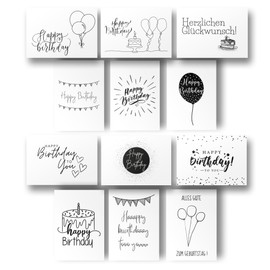 Freyheit 12 x Stylish Birthday Cards (A6 Format) Black and White Birthday Cards with High-Quality Kraft Envelope