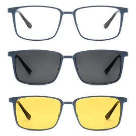 TEAPLMTT Magnetic Clip On Sunglasses for Men Polarized Retro Square Night Driving Al-Mg Glasses UV Protection(Blue)