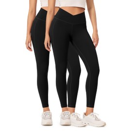 ODODOS 2 Pack Buttery Soft Cross Waist Leggings with Pockets for Women, ODCLOUD 25" Crossover Lounge Yoga Pants, Black+Black, Large