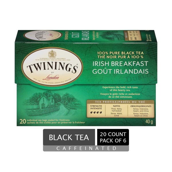 Twinings Irish Breakfast Individually Wrapped Tea Bags | Caffeinated, Thick, Malty, Full-Bodied 100% Black Tea | 20 Count (Pack of 6)