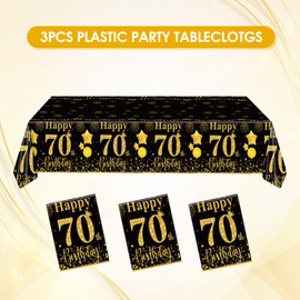 Xiliconie 3 PCS Happy Birthday Tablecloth Gold and Black Theme 70 Year Old Birthday Party Decorations Cheers to 70 Years Waterproof Plastic Table Cover for Men Woman Birthday Anniversary