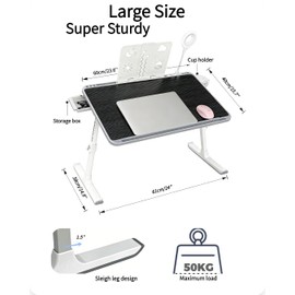 Foldable and Adjustable admireshun Laptop Bed Table with Hidden Drawer, Cup Holder, USB Voice-Controlled Night Light, Black, 23.6"x15.7", Suitable for Working, Gaming, and Other uses on Bed and Sofa