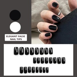 24Pcs French False Nails - Press on Nails Glossy Black Pure Color Full Cover - Stick on Nails Acrylic Glue on Nails Natural Fake Nails for Women and Girls (Pure Black)