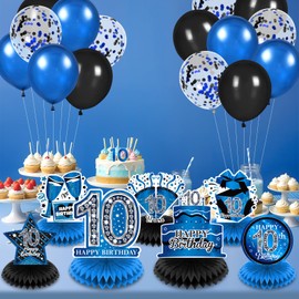 8Pcs Blue 10th Birthday Decorations Blue and Black Happy 10th Birthday Table Honeycomb Centerpieces for Table Decor 10th Birthday Table Topper for Boys Girls 10th Birthday Anniversary Party Supplies