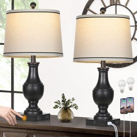 Vintage Farmhouse Lamps Set of 2, 25" Rustic Retro Table lamps with USB A+C Charging Ports & AC Outlet, Antique Resin Traditional Bedside Lamp with Linen Fabric Lampshade for Living Room Bedroom Black