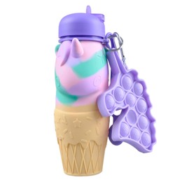CARESWAY Unicorn Water Bottle for Girls and Boys with Keyring - 500 ml Kids Drinking Bottle with Spout for School - Collapsible Leakproof BPA Free for Children Drinks