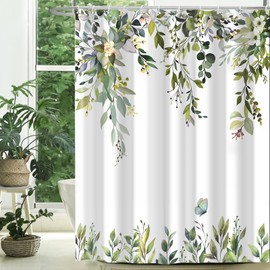 CTOTSYC Eucalyptus Shower Curtains for Bathroom, Sage Green Watercolor Leaves with Floral Shower Curtain Sets with Hooks, Waterproof Fabric Botanical Bathroom Decor, 72x84 Inches