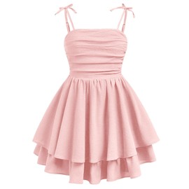 SHENHE Girl's Summer Smocked Ruched A Line Layered Ruffle Flowy Tie Bow Cute Cami Dress Pink 11Y