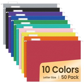 SUNEE Hanging File Folders, 50 Pack Letter Size Hanging File folders with 1/5-cut Tabs, Stay Organized for Your Home and Office Bulk File, Documents and Paper,10 Assorted Colors