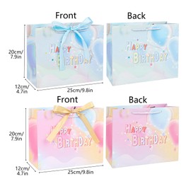 3 Pack Happy Birthday Gift Bags Medium Gift Bag with Ribbon for Girls Women(Pink, Blue)