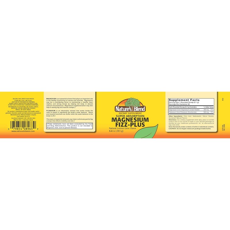 Nature's Blend Magnesium Fizz-Plus sabor limón y lima 6.4 oz