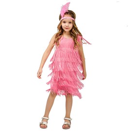 Gorgeous 1920s Girl Dresses: 1920s Gatsby Flapper Dress Round Neck Solid Color Vintage Fringed Sequin for Kids Costume Cocktail Art Deco Feather Prom Party Dress Pink 4-6 Years