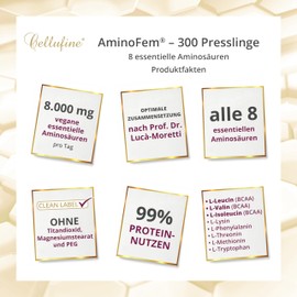 Cellufine® AminoFem® 300 Vegan Pellets with 8 Essential Amino Acids According to Prof. Dr. Lucà Moretti for Optimised Protein Supply, Amino Acids Capsules Complex High Dose EAA Vegan