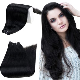 RUNATURE Sew in Hair Extensions Real Human Hair Jet Black Weft Hair Extensions Hairpiece Short Brazilian Human Hair Weft Extensions Natural Hair for Black Women 14 Inch 100g