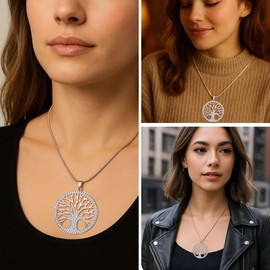 Crystal Tree Charm Necklace Pendant - Tree of Life Necklaces for Women Trendy - Trendy Cute Beach Jewelry Wedding Anniversary Birthday Gifts Rose Tone Plating Size - 28 Inch with 2 inch extender