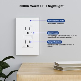 BRILLTECH 15AMP Wall Outlet with Nightlight, Dusk to Dawn, Standard Electrical Outlets, 3000K Warm LED, Tamper Resistant Outlet, ETL Listed, Screwless Wall Plate Included, 6 Pack
