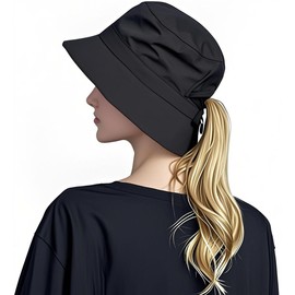 MAEBLA Unisex Bucket Hat with Ponytail Hole - Waterproof Sun Hat for Women Men - Quick Dry Foldable Fisherman，Bucket Hat with Ponytail Hole Black