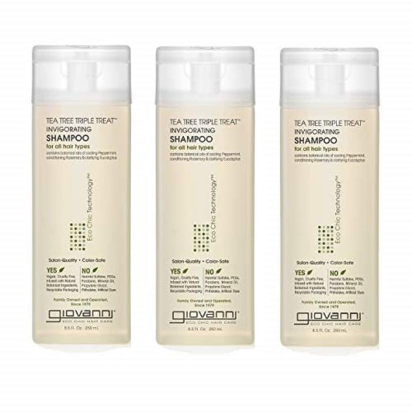 GIOVANNI Tea Tree Triple Treat Invigorating Shampoo - Cooling Peppermint, Eucalyptus & Rosemary, Strengthen & Rejuvenate Hair & Scalp, Salon Quality, Paraben Free, Tea Tree Shampoo - 8.5 oz (3 Pack)