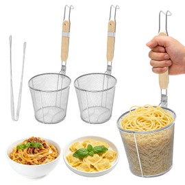 2 Pack Pasta Strainer Baskets with Wooden Handles & Cooking Tongs
