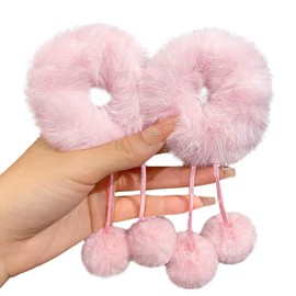 2Pcs Pom Pom Hair Ties Fuzzy Furry Faux Rabbit Fur Scrunchies with Detachable Fur Ball Tassel Fluffy Ponytail Holders Hair Accessories for Girls Women (Pink)
