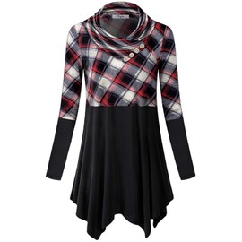 Cestyle Turtleneck Sweater Women, Misses Petite Tunics Long Sleeve Asymmetric Tops Plaid Colorblock A Line Flowy Pullover Sweater Buttons Trim Fall Clothes Red and Black Small