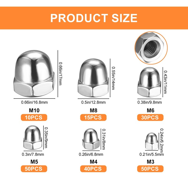 Cap Nuts High Shape Set, 195 Pieces Stainless Steel Hex