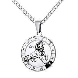 HIJONES For Men Round Coin Zodiac Sign Pendant Necklace Made of Stainless Steel Amulet Necklace for Women Men Gift, Stainless Steel, Metal
