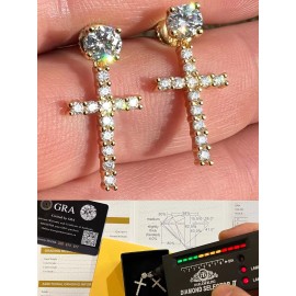 Harlembling Real MOISSANITE 14k Gold Plated Dangle Cross Studs Earrings Iced Passes Tester