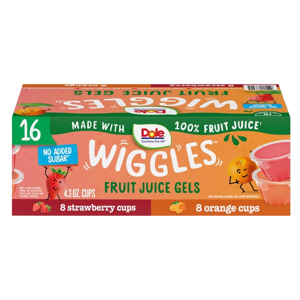 Dole Wiggles Strawberry & Orange Fruit Juice Gels Variety Pack, Back To School Healthy Snack for Kids, Made with 100% Fruit Juice & No Added Sugar (4.3oz, 16 Total Cups)