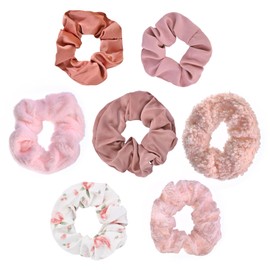 Yonchic 7-Piece Elastic Hair Ties, Silk Satin Velvet Scrunchies, Cute Hair Bands No Damage for Thick Hair, Ponytail Holders for Women Girls, Rubber Bands Hair Accessories (Pink)