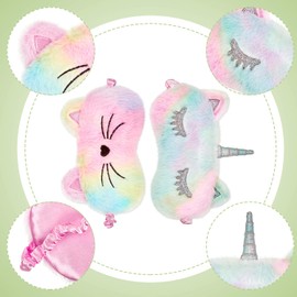 3 Pieces Sleep Mask for Kids, Girls Plush Sleeping Eye Cover Soft Eye Blindfold Cover Animal Shade for Kids(Rainbow Color,Bunny, Cat and Unicorn Style)