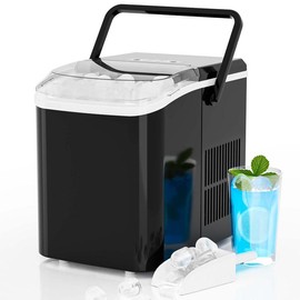HomeSquad Portable Self-Cleaning Countertop Ice Maker - Makes 9 Ice Cubes in 6 Minutes, Produces 26.5lbs of Ice in 24 Hours, Includes 2 Sizes of Bullet Ice, Ice Scoop, Basket & Handle - Perfect for Home, Kitchen, and Parties! - Color: Black-plastic