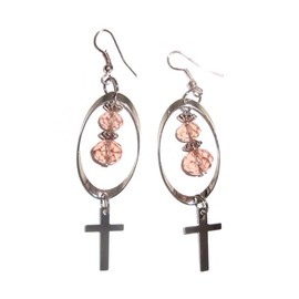 Cross and Hoop with Pink Beads Christian Dangle Earrings
