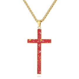 COYATE Opal Cross Necklace for Men Women, Silver Tone Gold Plated Stainless Steel with Simulated White/Blue/Green/Red Opal Cross Pendant Faith Necklace, 24Inch Box Chain and 18+2Inch O Chain