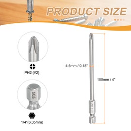 sourcing map #2 Phillips Screwdriver Bit PH2 1/4" Hex Shank 4" (100mm) Long 4.5mm Rod Magnetic Cross Head Drill Bits S2 Steel Industrial Screw Driver for Power Screwdrivers Drills, Silver